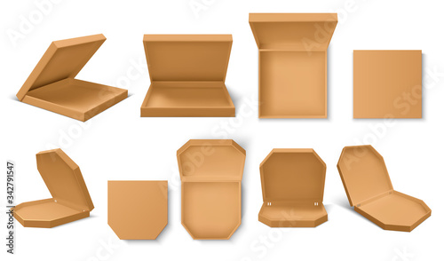Pizza box. Realistic 3D craft food containers for pizza delivery service, blank mockup for brand identity. Vector image collection product packet, empty pizza box set