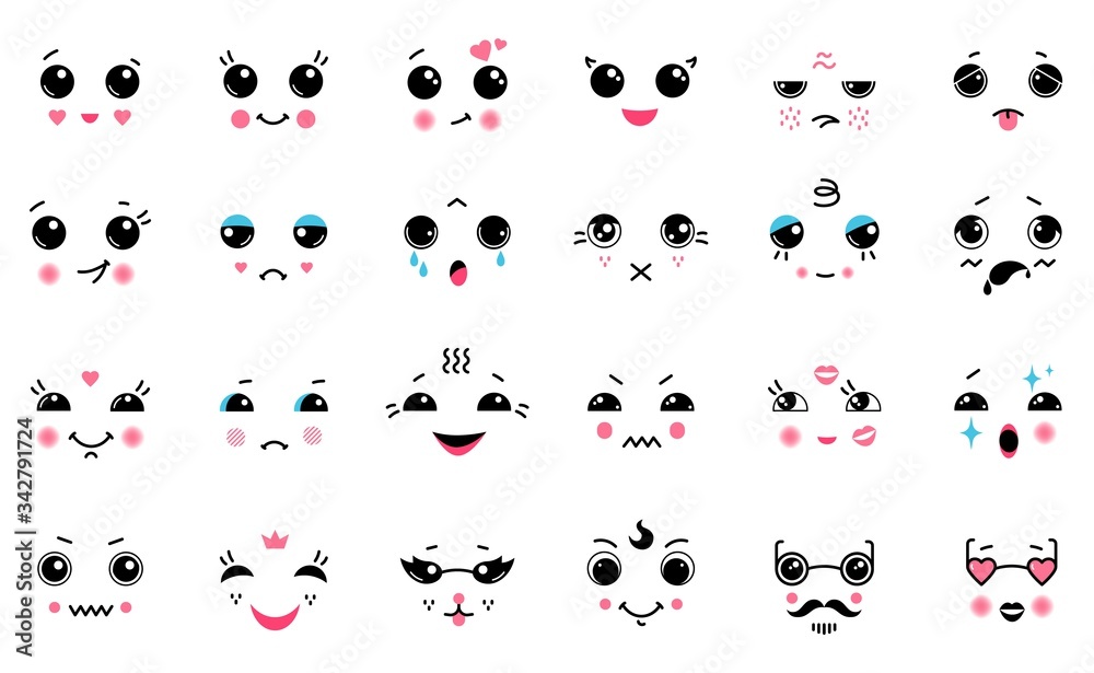 Kawaii set. Cartoon Japanese cute emoticons, smile laugh anger and cry emotions with big black eyes. Vector illustrations funny anime expressions, face element concept