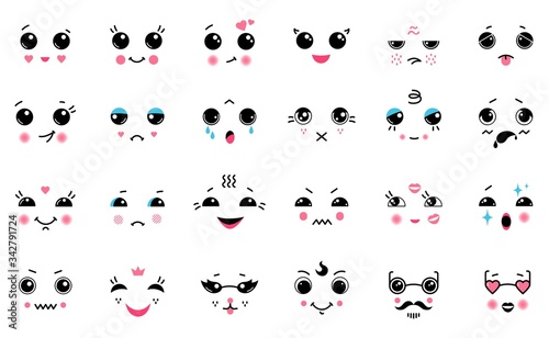 Kawaii set. Cartoon Japanese cute emoticons, smile laugh anger and cry emotions with big black eyes. Vector illustrations funny anime expressions, face element concept