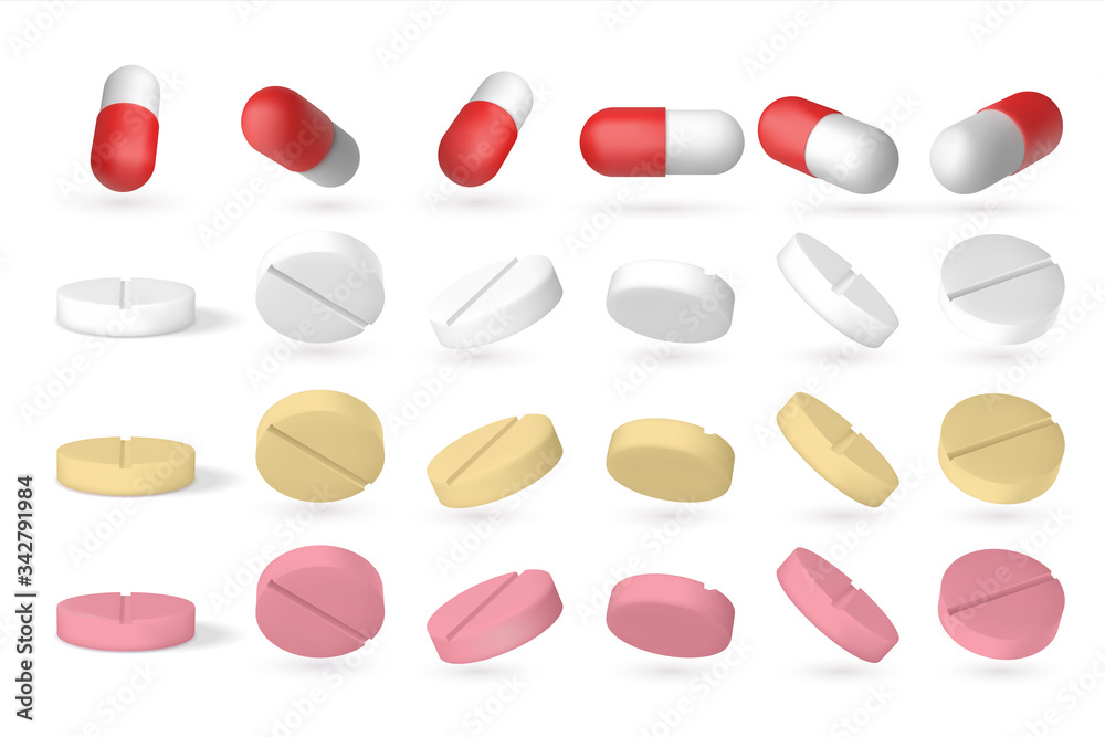 Realistic pill. 3D isometric flying drugs isolated on white, closeup of
