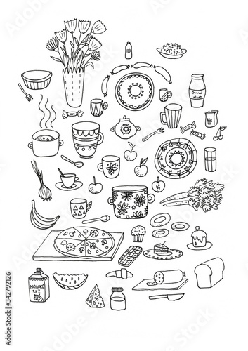 A kitchen utensils, cooking stuff for menu decoration. engraved hand drawn in old sketch and vintage style. © Yana Protsenko