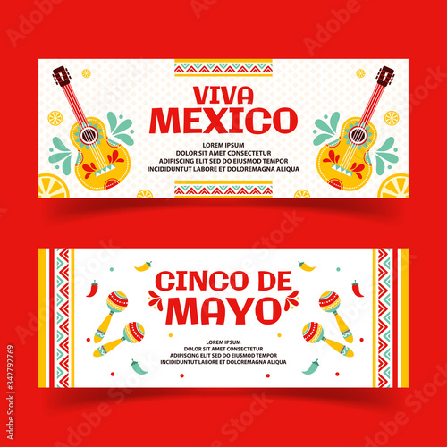 Beautiful vector illustration with design for Mexican holiday 5 may Cinco De Mayo. Vector template with traditional Mexican symbols, Mexican guitar, mustache, tequila, pepper, skull, Mexican maracas, 