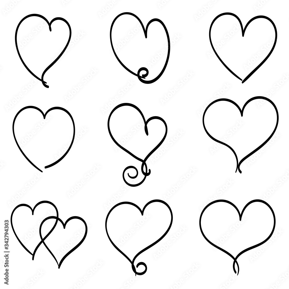 isolated set of childish hand drawn heart symbols line art vector design