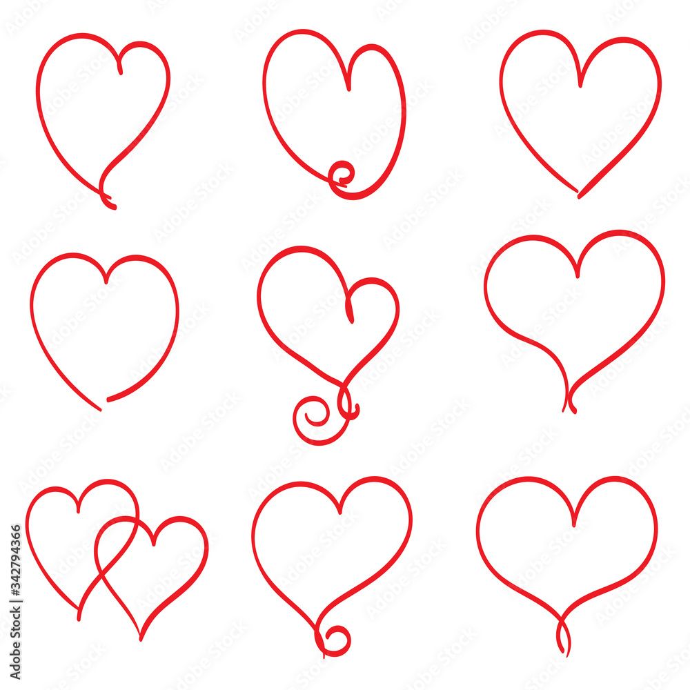 isolated set of childish hand drawn heart symbols line art vector design