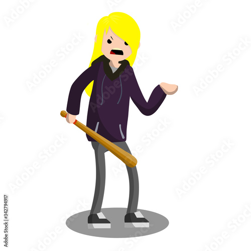 Woman with baseball bat is extorting money. Problem of urban security. Thief at work. Extortion and robbery.