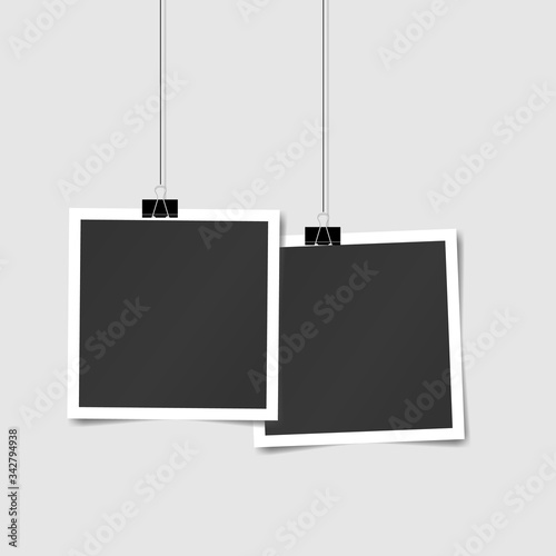 Composition of realistic black photo frames on transparent background. Mock ups for design. Vector illustration