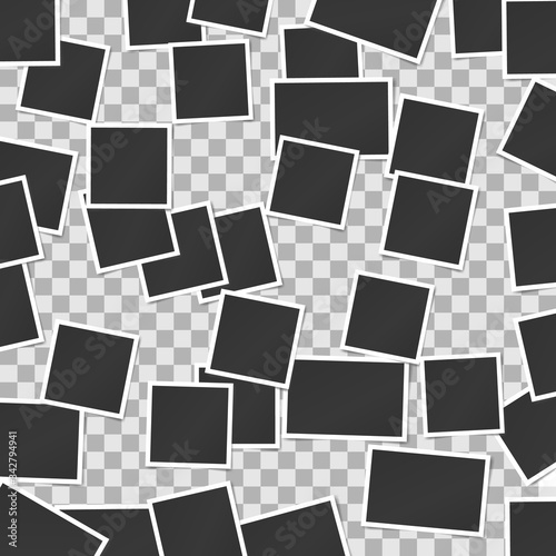 Composition of realistic black photo frames on transparent background. Mock ups for design. Vector illustration