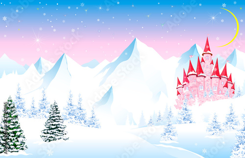 Fairy tale castle on a background of a winter forest and snowy mountains.Winter landscape with a pink princess castle. Cartoon pink castle on a background of a winter forest. Snowy mountain peaks.  