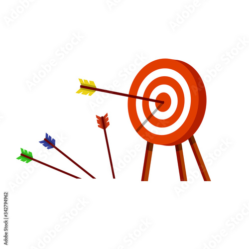 Target for arrows. Business concept several attempts. Shooting and championship. Cartoon flat illustration. Hit and miss on target. Red and white aim. Competition and victory