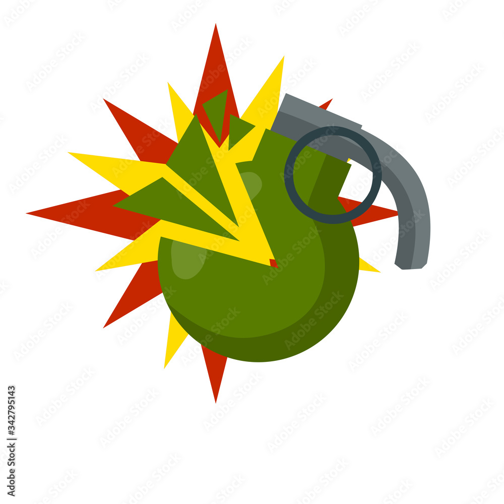 Grenade explosion. Vector Green bomb. Weapons and bombshell. Red flash