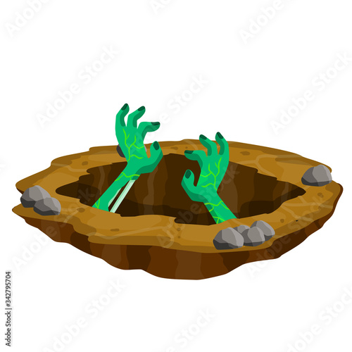 Grave. Hole in brown ground. Green hands of dead zombie. Element of Halloween. Bones and rotting corpse. Scary illustration. Flat cartoon