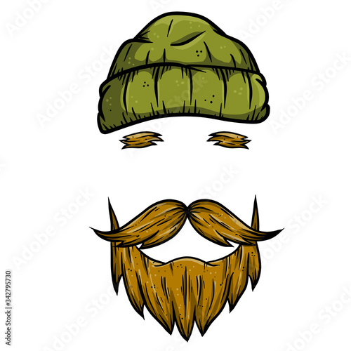 Fashionable men's haircut. Element of head and face hipster. Brown hair guy. Hair and beard. barbershop Fashion and style. Green warm hat of sailor and lumberjack. Hand drawn color illustration
