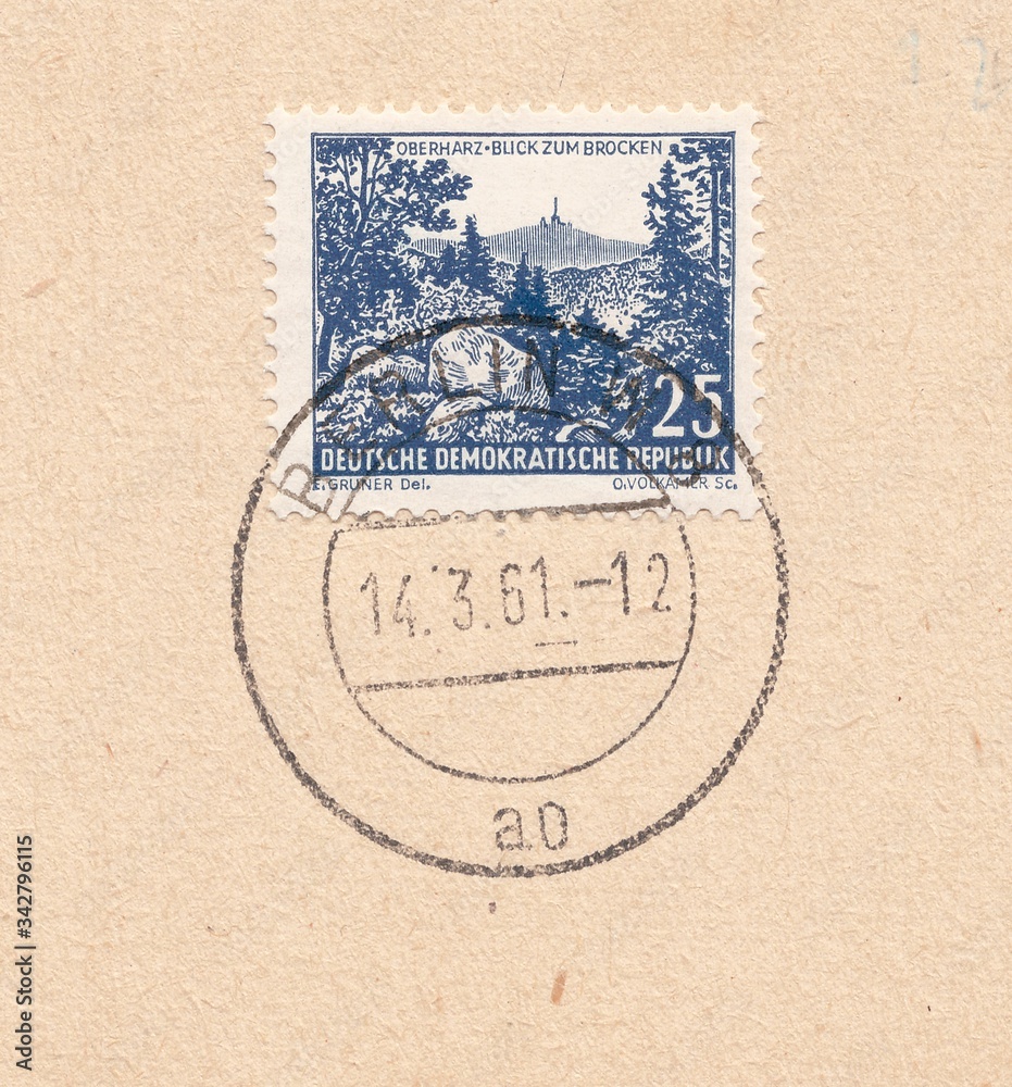 View of Oberharz am Brocken, historical buildings and landscapes, postmark Berlin, stamp Germany 1961