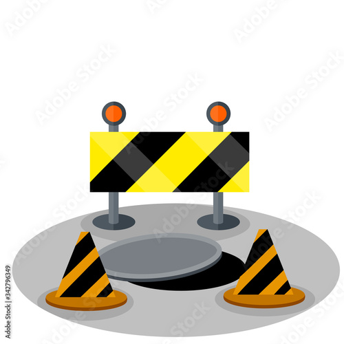 Road works. Yellow stop sign. Attention and danger. Open hatches. Repair and maintenance. Restriction of movement and traffic. Orange cone barrier territory.