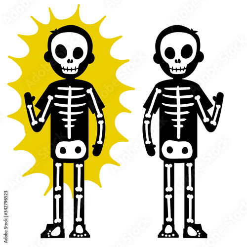 Electric shock. The silhouette of the skeleton and the yellow lightning flash. Halloween costume. Dangerous high-voltage injury. The problem of safety. Human x-ray. Cartoon flat illustration