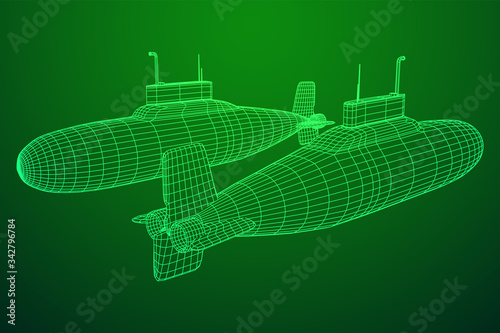 Military atomic submarine underwater boat. Wireframe low poly mesh vector illustration