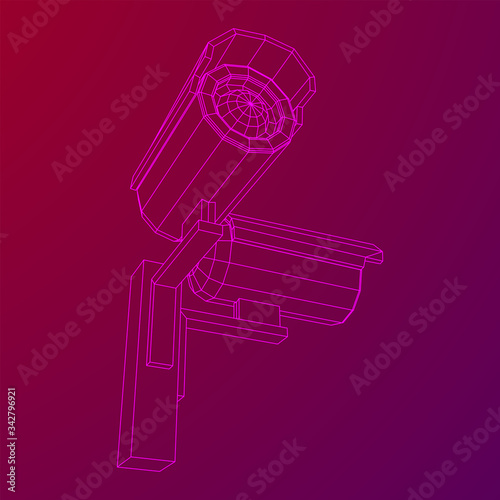 Modern video camera. Webcam viewing area. Safety, security concept. Wireframe low poly mesh vector illustration.