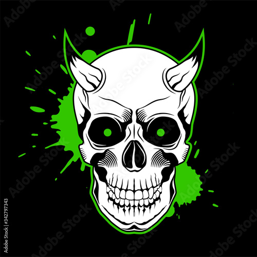 Skull with horns, green glowing eyes, and paint splashes on black background. Grunge vector illustration