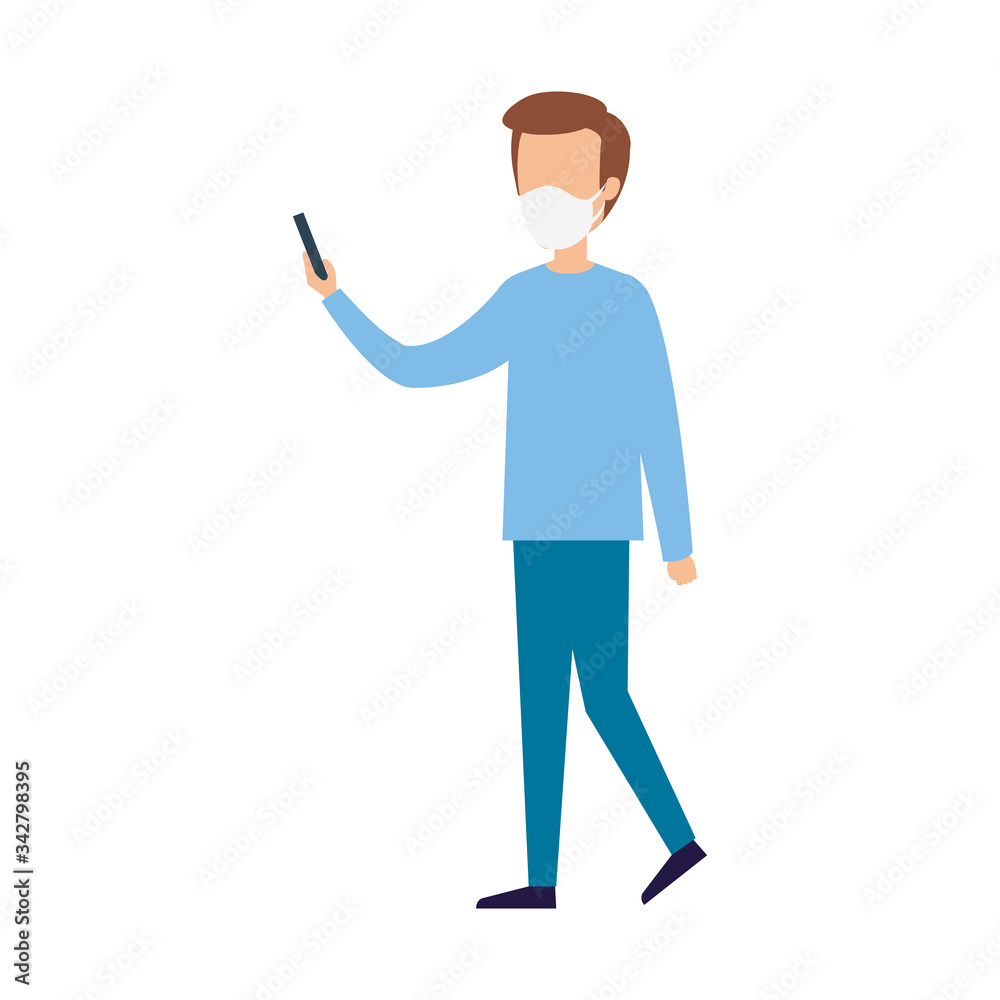 young man using face mask with smartphone isolated icon vector illustration design young man using face mask with smartphone isolated icon vector illustration design