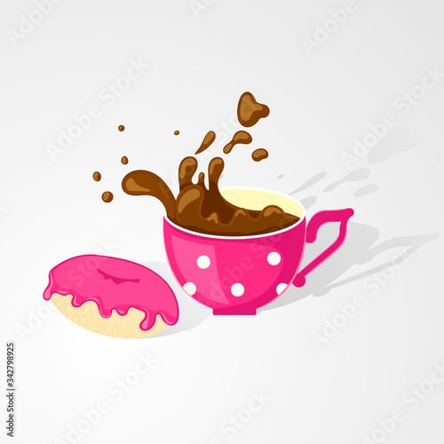 Coffee mug in pink color with donut. Simple vector illustration  rustic flat style with shadows
