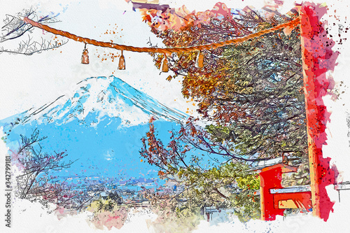 Photography Watercolor painting landscape view  of Mt