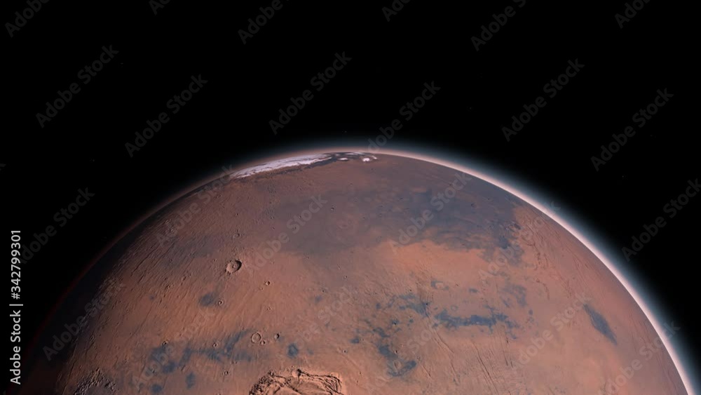 Mars Planet Rotating in the outer space.. Orbiting Planet Mars. Traveling to the red planet Mars in space. Seamless loop. Elements of this video furnished by NASA.