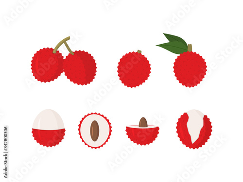 Tropical fruit - lychee - icon set isolated on white background. Two lychees, half lychee and lychee's stone. Flat vector illustration.