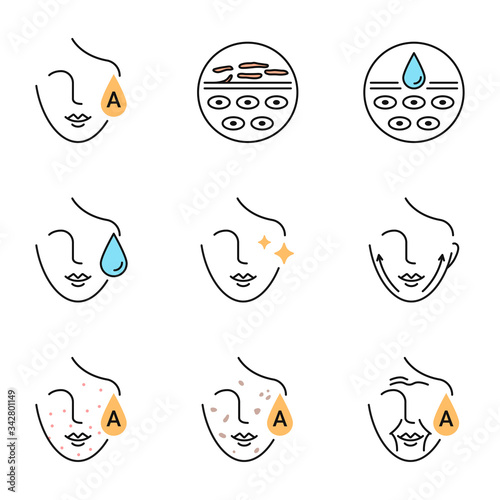 Vitamin A retinol benefits for the skin icons set