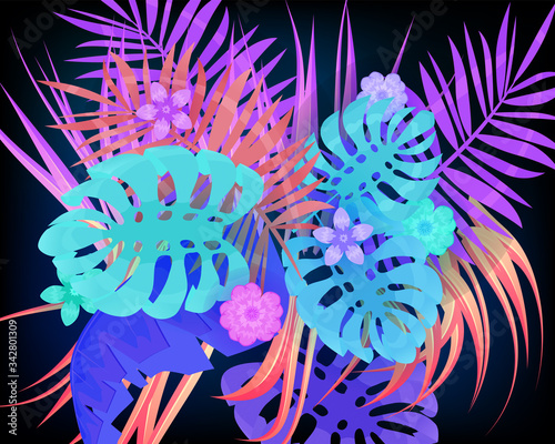 Summer trendy neon tropical leaves exotical plants palm jungle leaf