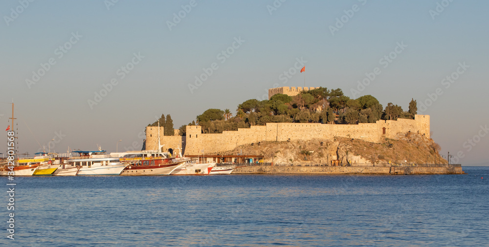 Kusadasi, Turkey - a wonderful city on the Aegean Sea and a famous resort town, Kusadasi displays a typical ottoman Old Town. Here in particular the Bird Island and it's fortress
