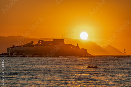 Kusadasi  Turkey - a wonderful city on the Aegean Sea and a famous resort town  Kusadasi displays a typical ottoman Old Town. Here in particular the Bird Island and it s fortress