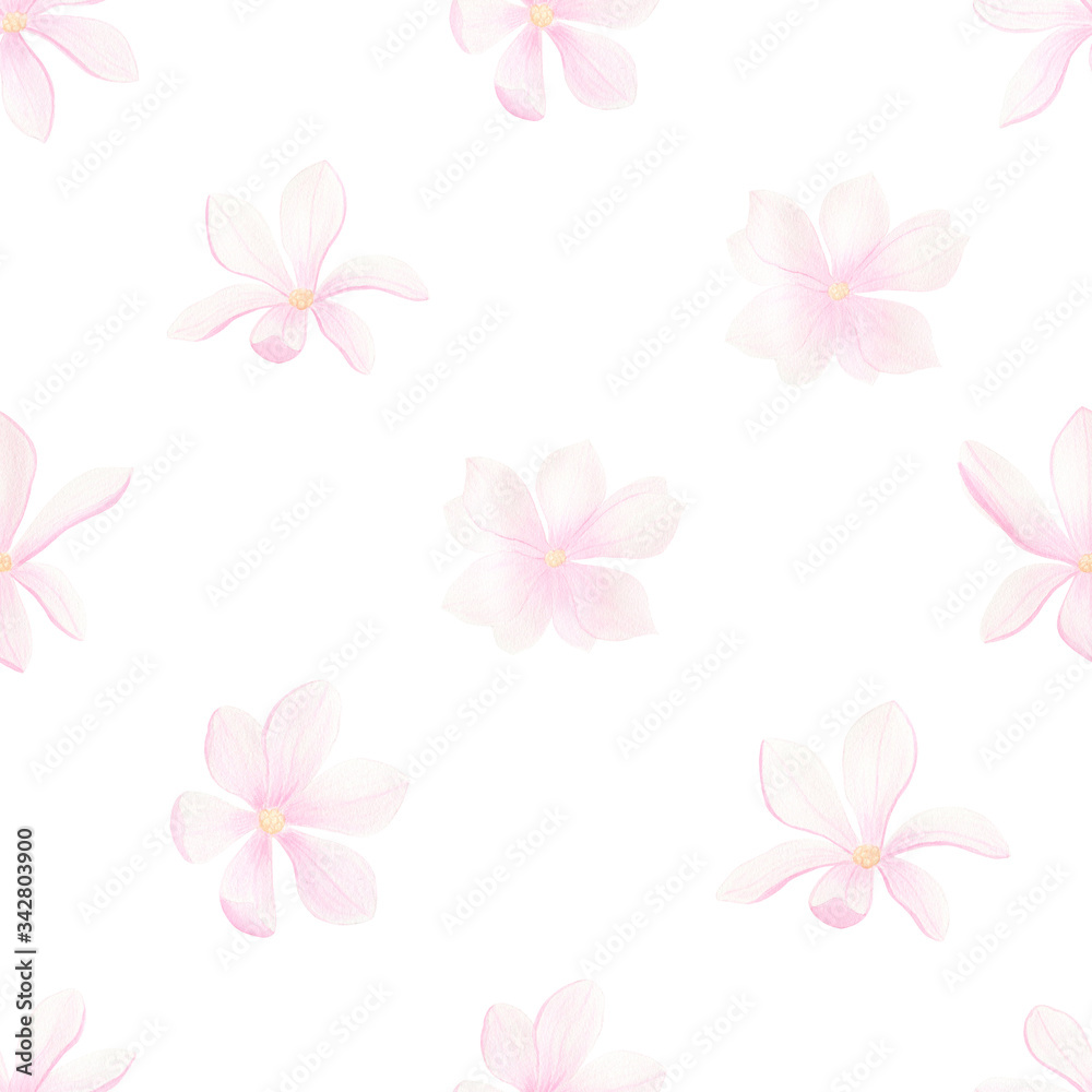  Watercolor hand drawn seamless pattern with magnolia flowers on white background. Spring, summer season textile collection. Perfect for fabric, wrapping paper, wedding invitations. Pink flowers.