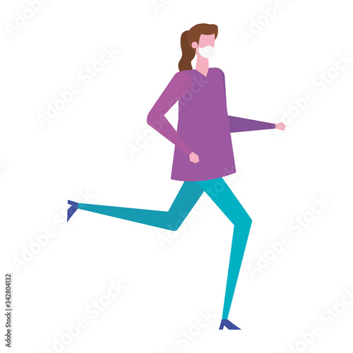 young woman running using face mask isolated icon vector illustration design