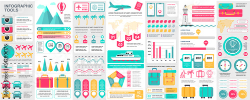 Bundle travel infographic UI, UX, KIT elements with charts, diagrams, summer vacation, flowchart, travel timeline, journey icons elements design template. Vector info graphics and infographics set.