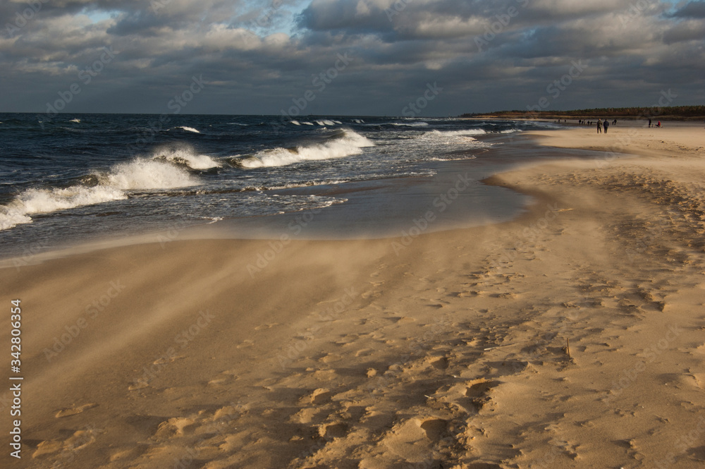 Rough sea with dark clouds of sand. Storm