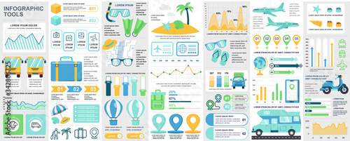 Bundle travel infographic UI, UX, KIT elements with charts, diagrams, summer vacation, flowchart, travel timeline, journey icons elements design template. Vector info graphics and infographics set.