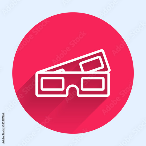 White line 3D cinema glasses icon isolated with long shadow. Red circle button. Vector Illustration