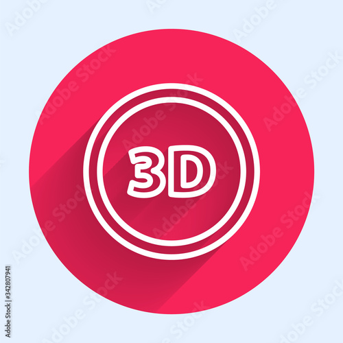 White line 3D word icon isolated with long shadow. Red circle button. Vector Illustration