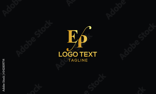 Letter EP with cuts abstract alphabet, font, text, typography, initials design in golden color with black background icon for the logo