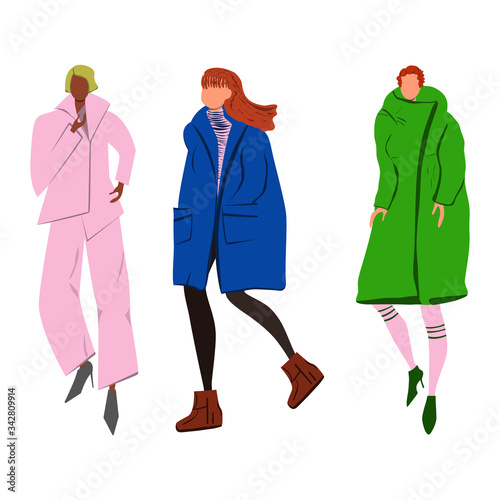Group of females street style characters collection. Girl in pink suite, blue coat and green coat set.