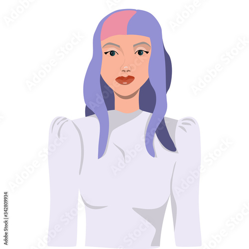 Asian young woman character. Adorable avatar girl portrait. Happy female with blue long hair.