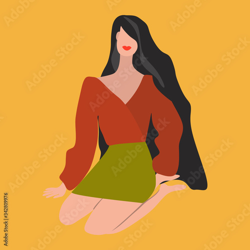 Young woman character with folded legs. Avatar girl portrait. Happy female with dark long hair.