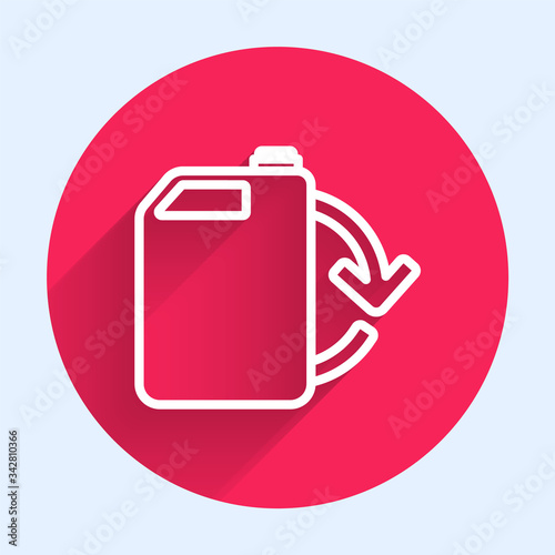 White line Eco fuel canister icon isolated with long shadow. Eco bio and barrel. Green environment and recycle. Red circle button. Vector Illustration