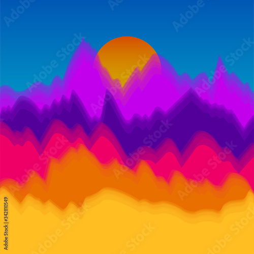 Vector colorful landscape with silhouettes of mountains and sun. Abstract nature background. Vector illustration