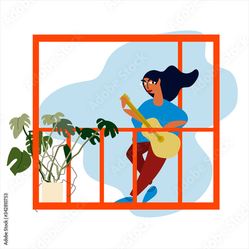 Young woman playing guitar on the balcony. At-home concert, neighbourhood concert. Creative activitiy concept. Social distancing during COVID-19 pandemic concept. Vector illustration in flat style