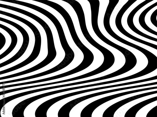Abstract background with black and white striped, futuristic waves. Geometrical pattern. Vector illustration