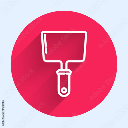 White line Putty knife icon isolated with long shadow. Spatula repair tool. Spackling or paint instruments. Red circle button. Vector Illustration