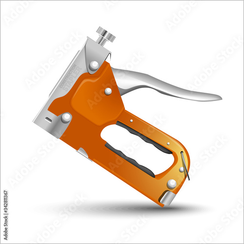 Stapler for construction work. Vector illustration. Orange color stapler gun on white background