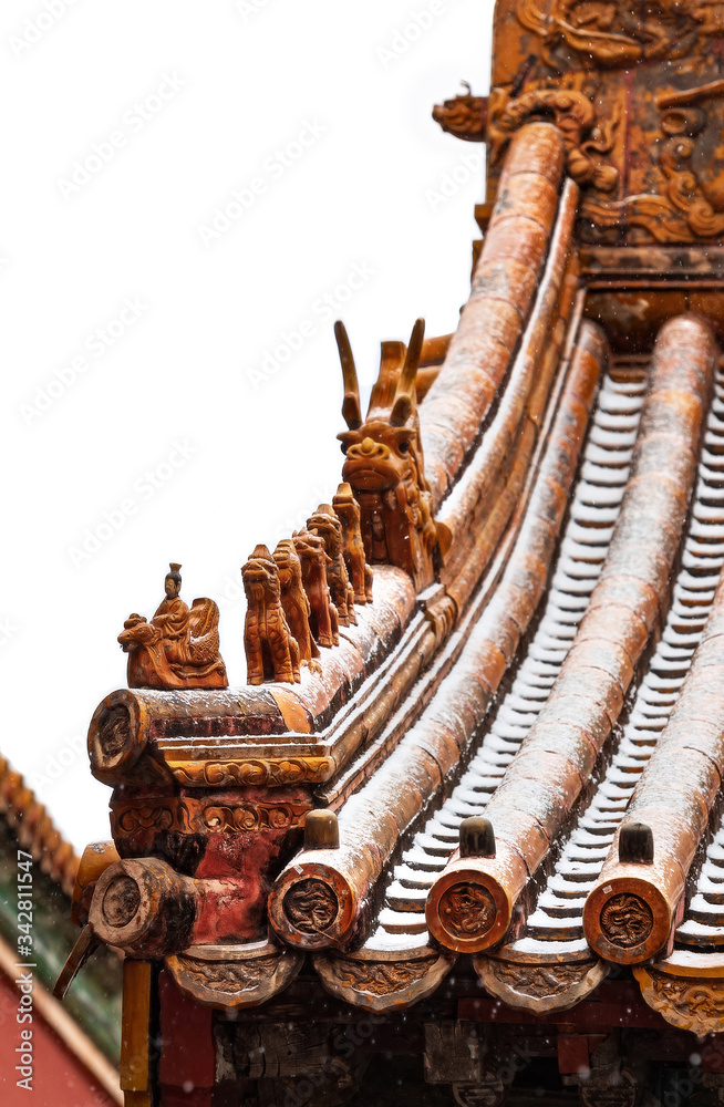 Fototapeta premium View of roof of forbidden city in snow (landmark in Beijing , China)