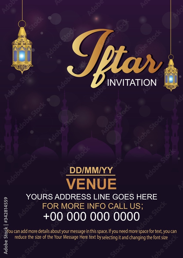 Obraz premium Iftar invitation card design with hanging illuminated lanterns on purple background.Party celebration Poster, Banner or Flyer design.